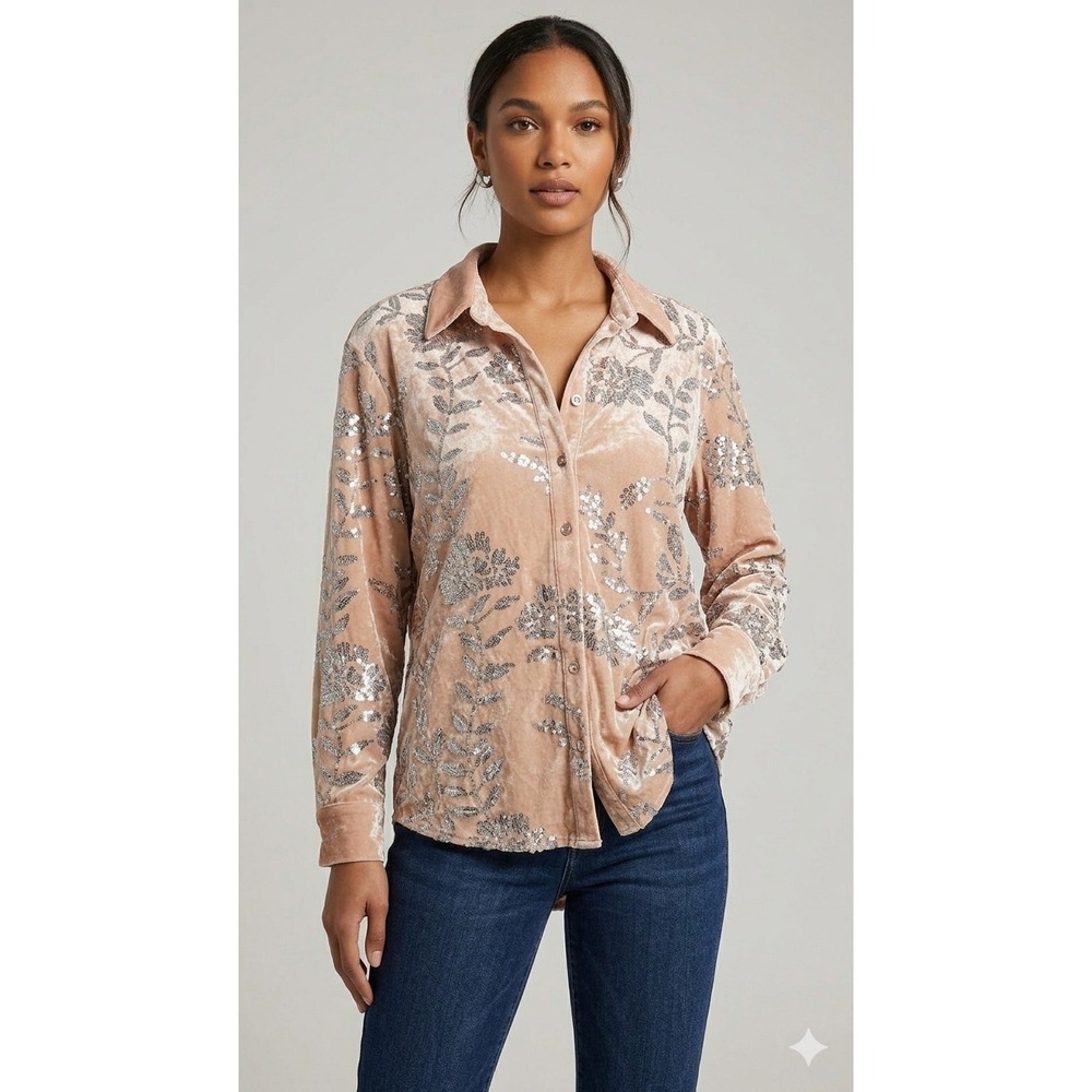 Boutique Taupe Bloom Sequin Button-Front Velvet Blouse Size Medium